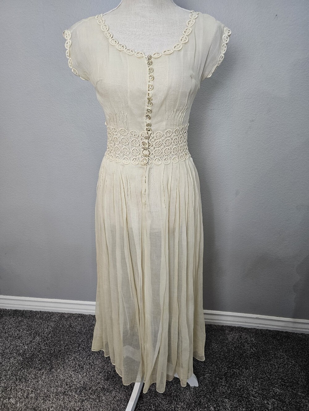Vintage 1940s Sheer Ivory Organza Dress Crochet Waist Lucite Buttons